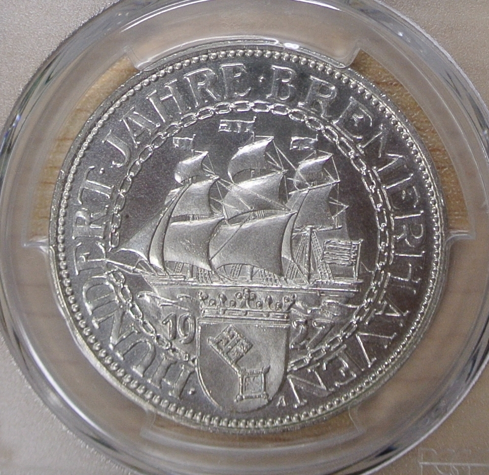 PCGS MS65』ワイマール共和国3ライヒスマルク銀貨（1927年